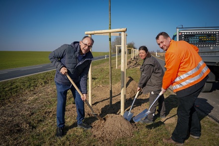 v.l.n.r. Dr. Wolfgang Blank, Minister für Wirtschaft, Infrastruktur, Tourismus und Arbeit MV, und Doreen Korth, KLEMT Garten- und Landschaftsbau, sowie Manfred Borowy, Dezernatsleiter im Straßenbauamt Stralsund © Wirtschaftsministerium MV