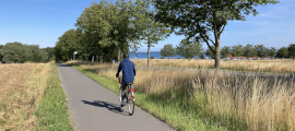 Radfahrer auf einem asphaltierten Weg entlang von Feldern und Bäumen, mit Blick auf das Wasser im Hintergrund.