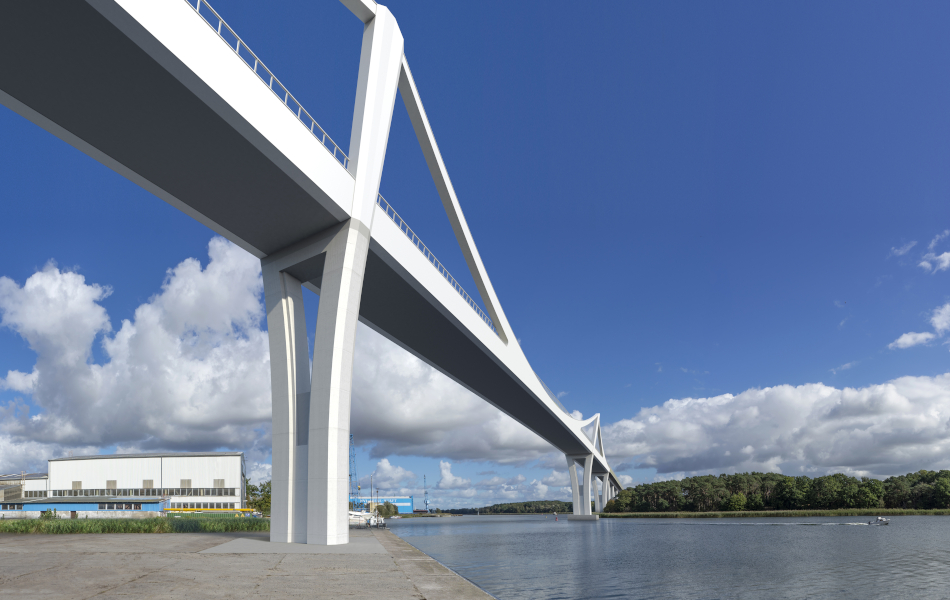 Eine weiße Brücke mit mehreren Pfeilern und zwei Pylonen führt über den Fluss Peene. Im Hintergrund sind Indusriegebäude und die Peene-Weft. 