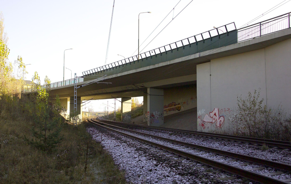 Bahngleise führen unter einer Straßenbrücke hindurch. Links von den Gleisen ist ein begrünter Hang.